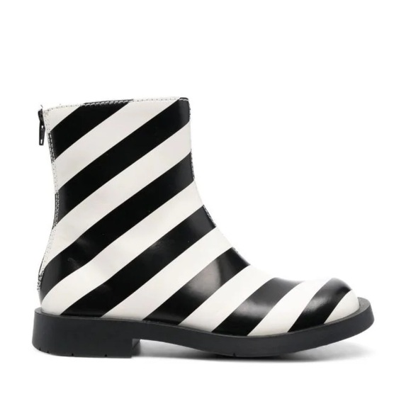 Camper Shoes - Camper Women’s Striped Leather Ankle Boots, Black and White, Size EU39